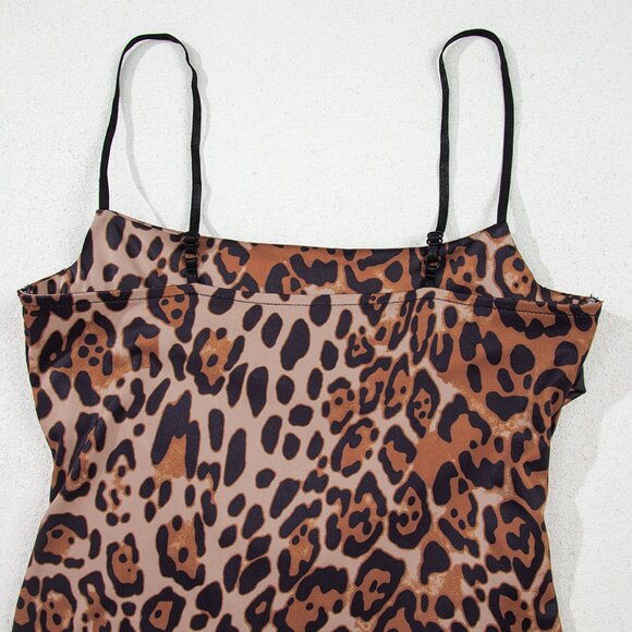 B252 Brown Spaghetti Straps Ruched Leopard Bodysuit - Picture 12 of 16
